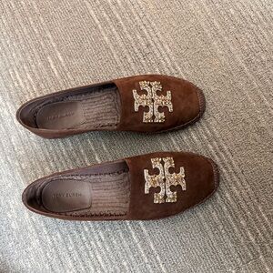 Tory Burch Brown Suede Logo Embellished Slip-On Loafers